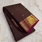 Deep Aubergine Handwoven Pure Silk Kanchipuram Zari Kattam Saree with Magenta Peacock Border – front full drape view