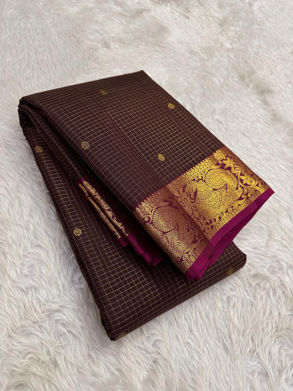 Deep Aubergine Handwoven Pure Silk Kanchipuram Zari Kattam Saree with Magenta Peacock Border – front full drape view