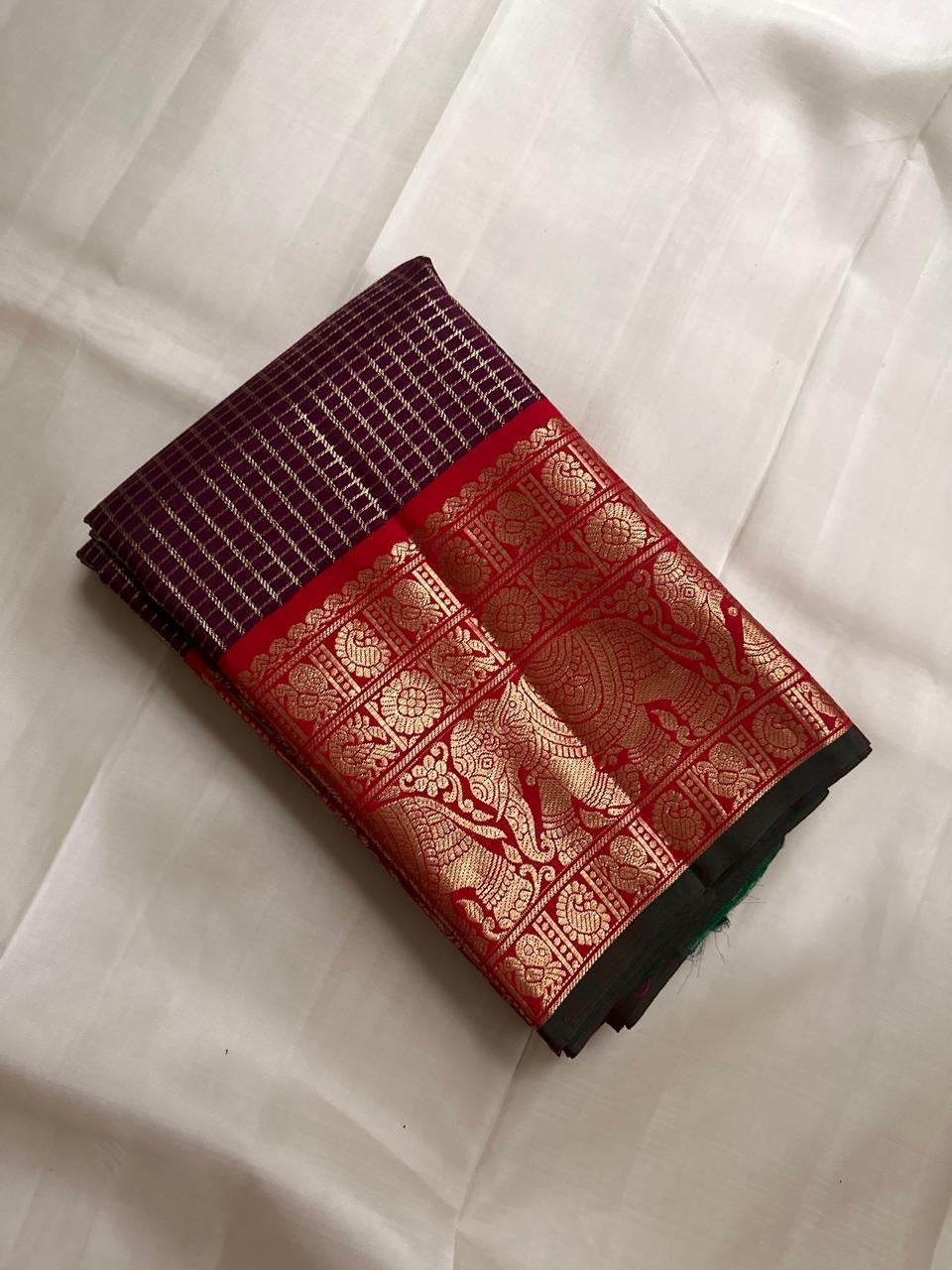 Handwoven Kanchipuram silk saree with fine 2 gram gold zari checks