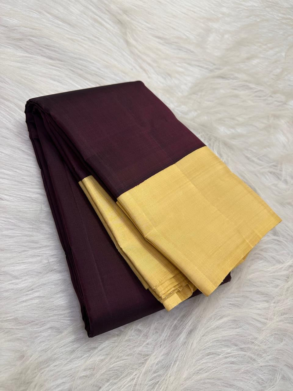 Deep aubergine lightweight Kanchipuram silk saree with butter yellow border, full view