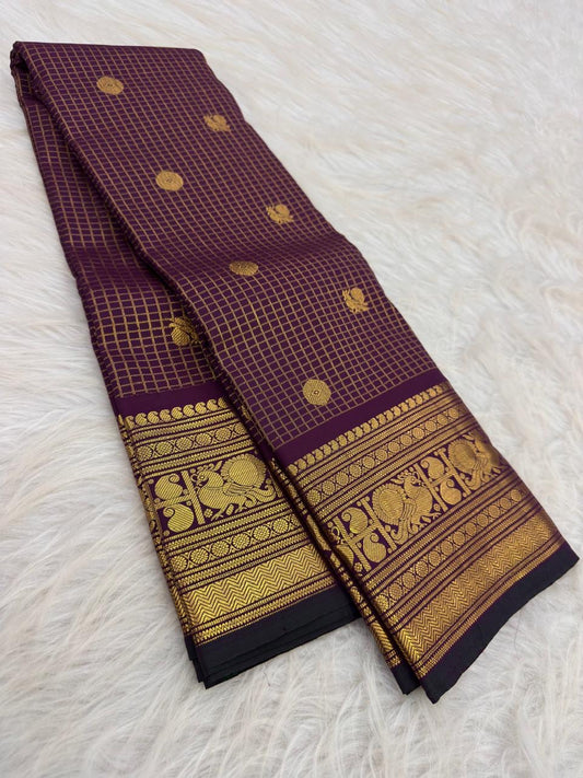Deep aubergine Lightweight Kanjivaram Zari Kattam saree