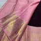 Deep Aubergine Brown pure mulberry silk saree with small spaced zari motifs and broad pink-gold border.