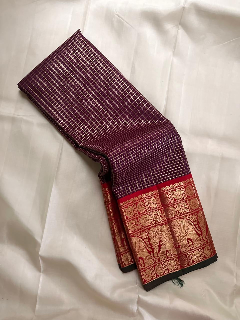 Deep Aubergine Pure Silk Kanchipuram Zari Kattam saree with Vermilion Red border
