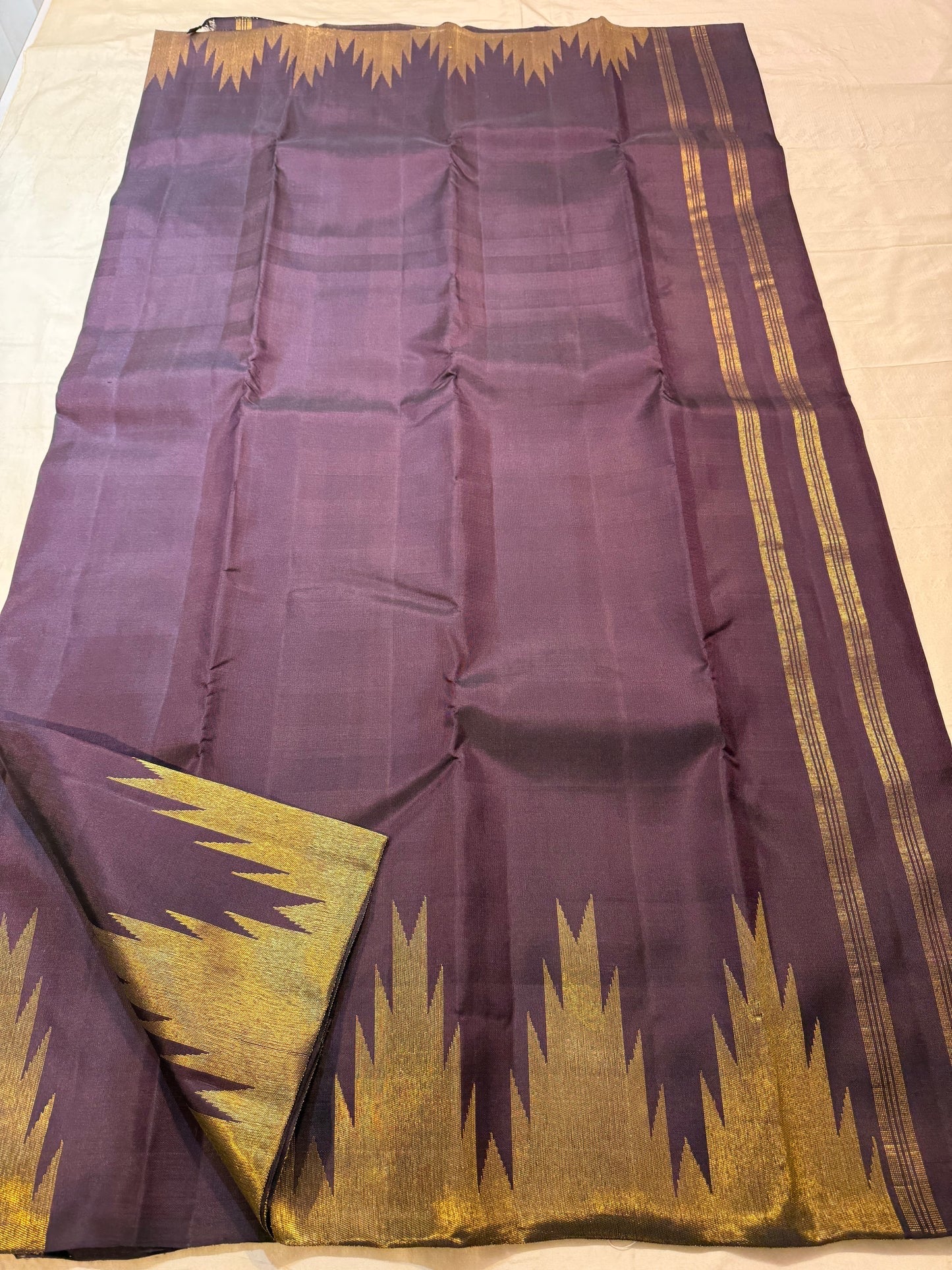Deep Aubergine Purple-Brown Pure Silk Kanchi Pattu Ettukol Saree - styled bridal view