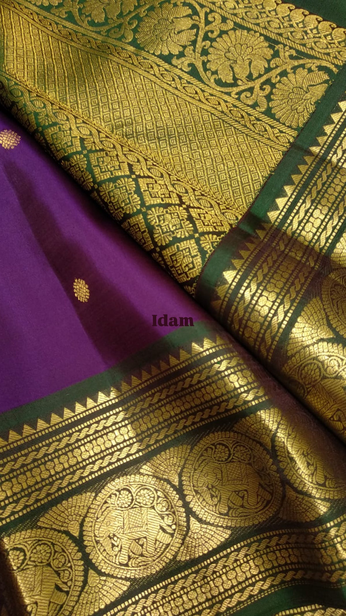 Deep Aubergine Purple Pure Silk Kanchipuram Korvai saree with Forest Green border