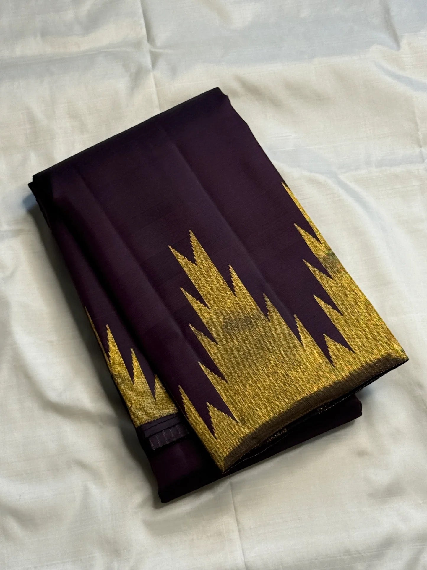 Deep Aubergine Purple-Brown Pure Silk Kanchi Pattu Ettukol Saree - draped hero view