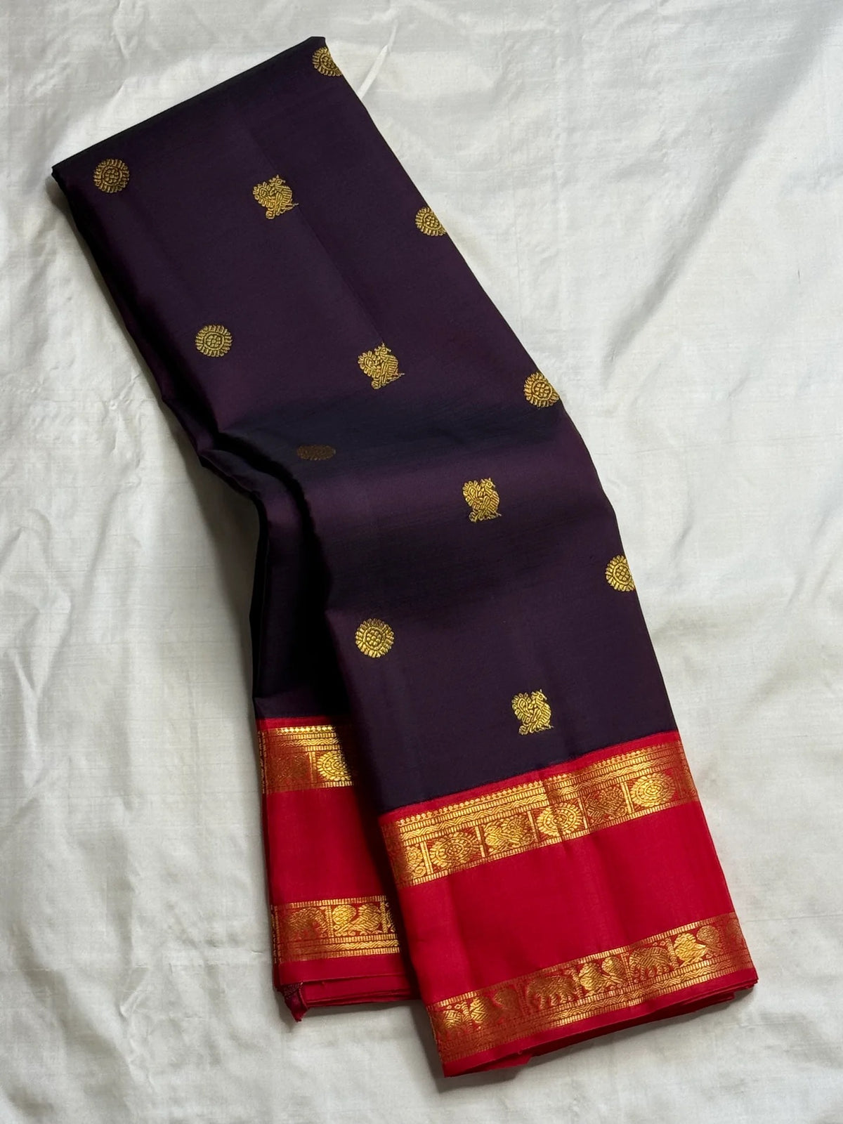 Deep Aubergine and Red Rettapet Kanjivaram saree full view