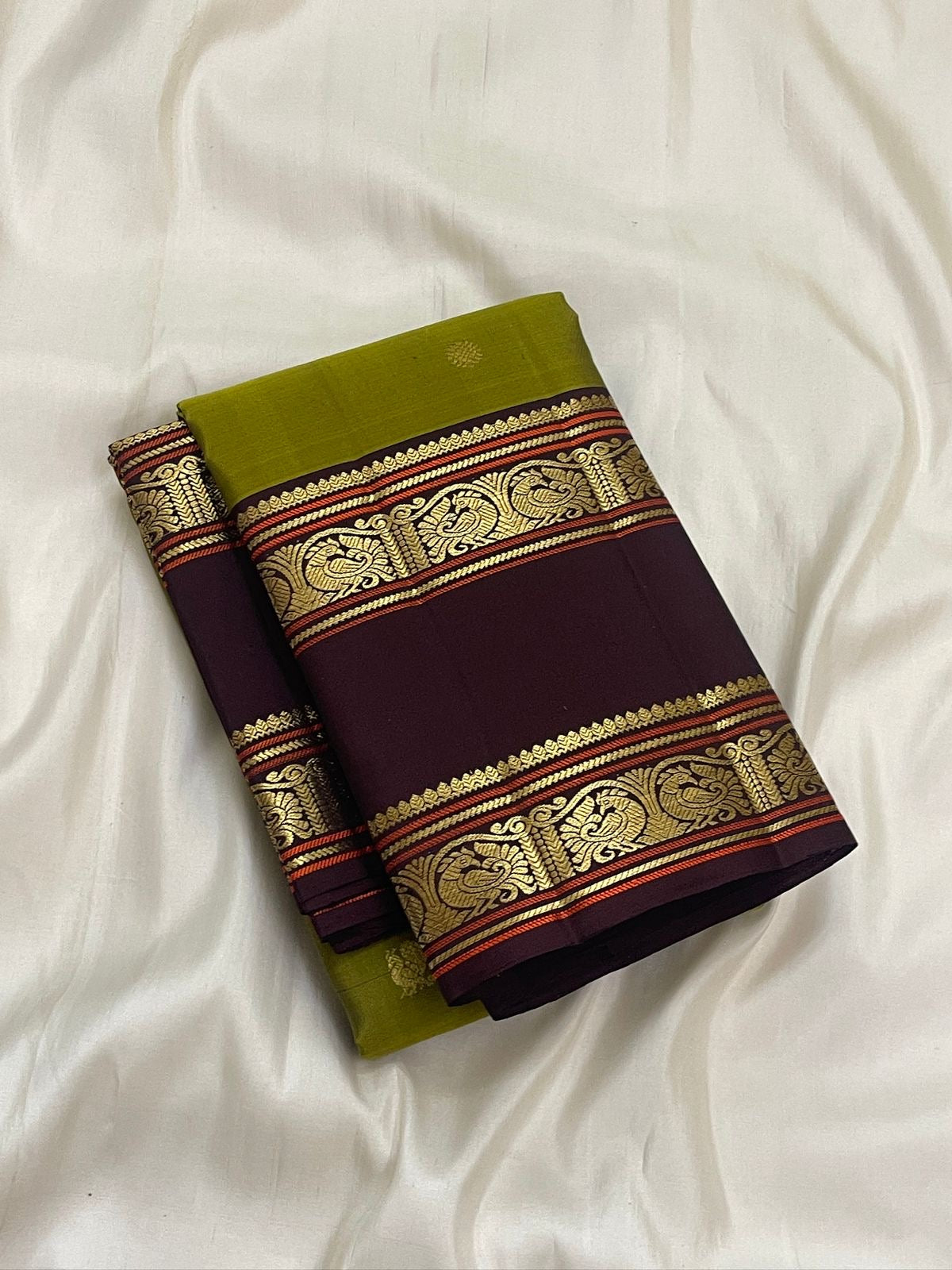 Antique Olive Green and Deep Espresso Brown Handwoven Pure Silk Kanjivaram Rettapet Saree with Vintage Gold Zari Buttas