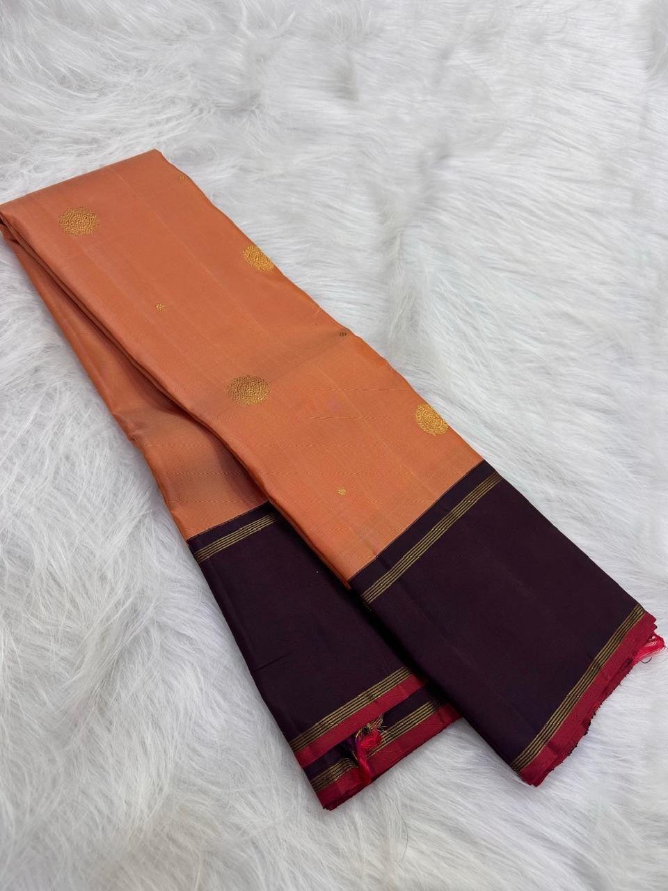 Soft Peach Pink Handwoven Pure Silk Kanchi Pattu Saree with Deep Aubergine Rettapet Border and Zari Buttas