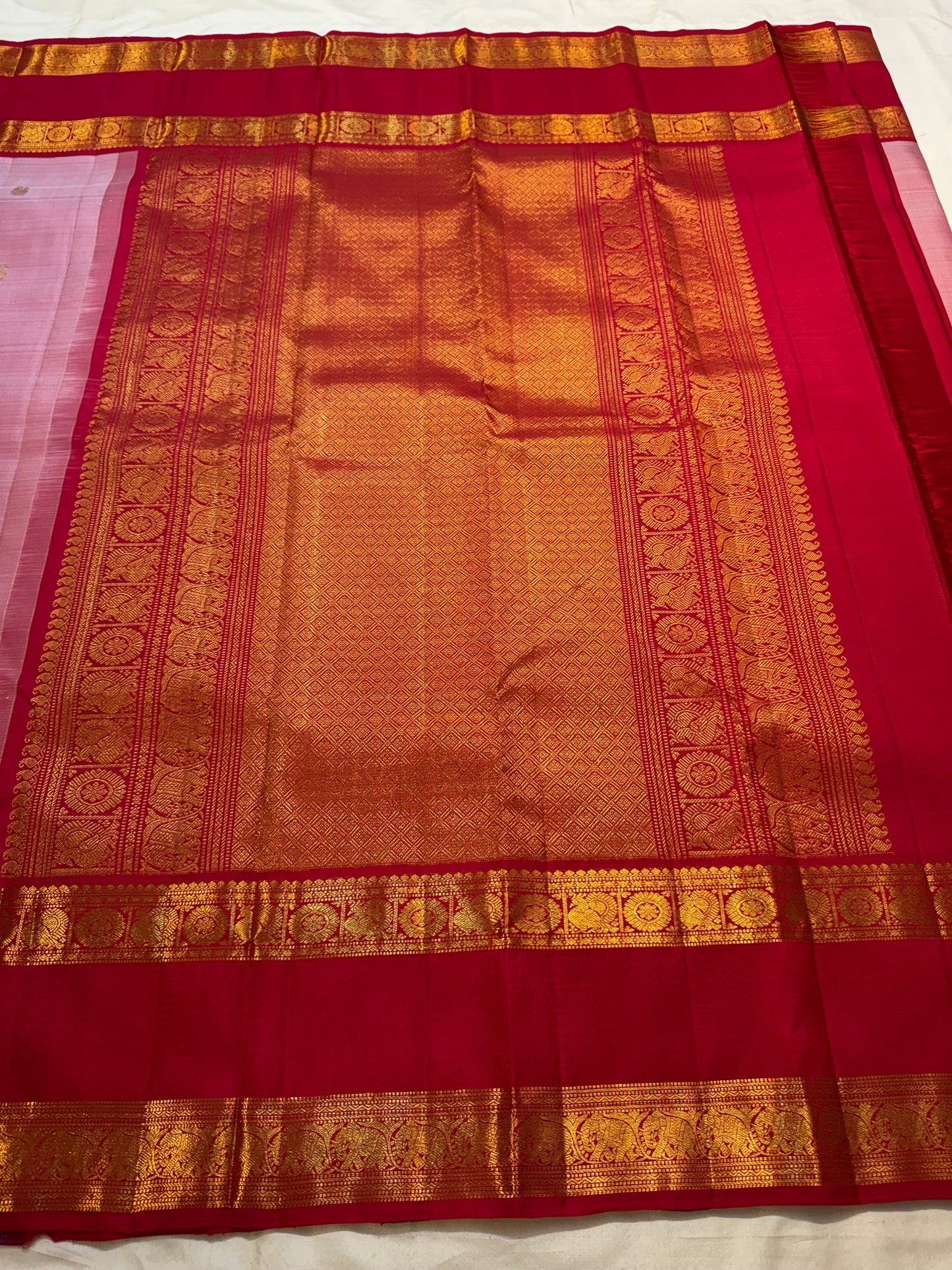 Vintage Rose and Ruby Red Handwoven Pure Silk Kanchipuram Saree with Rettapet Border