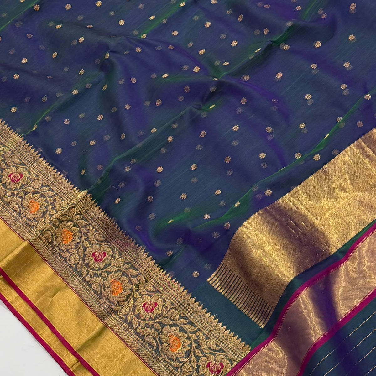 Deep blue Chanderi saree with metallic floral buttas