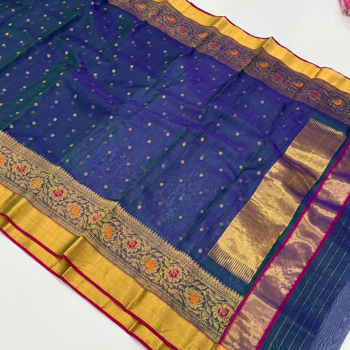 Deep blue Chanderi Pattu Silk saree with metallic floral buttas