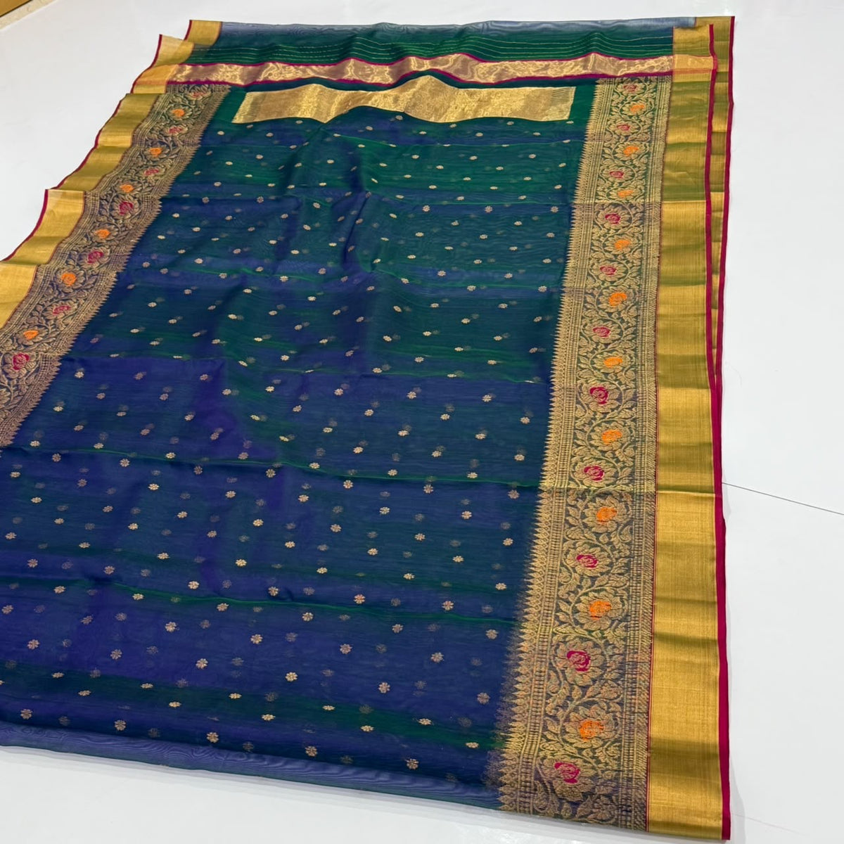 Deep blue Pattu Silk Chanderi with floral woven border