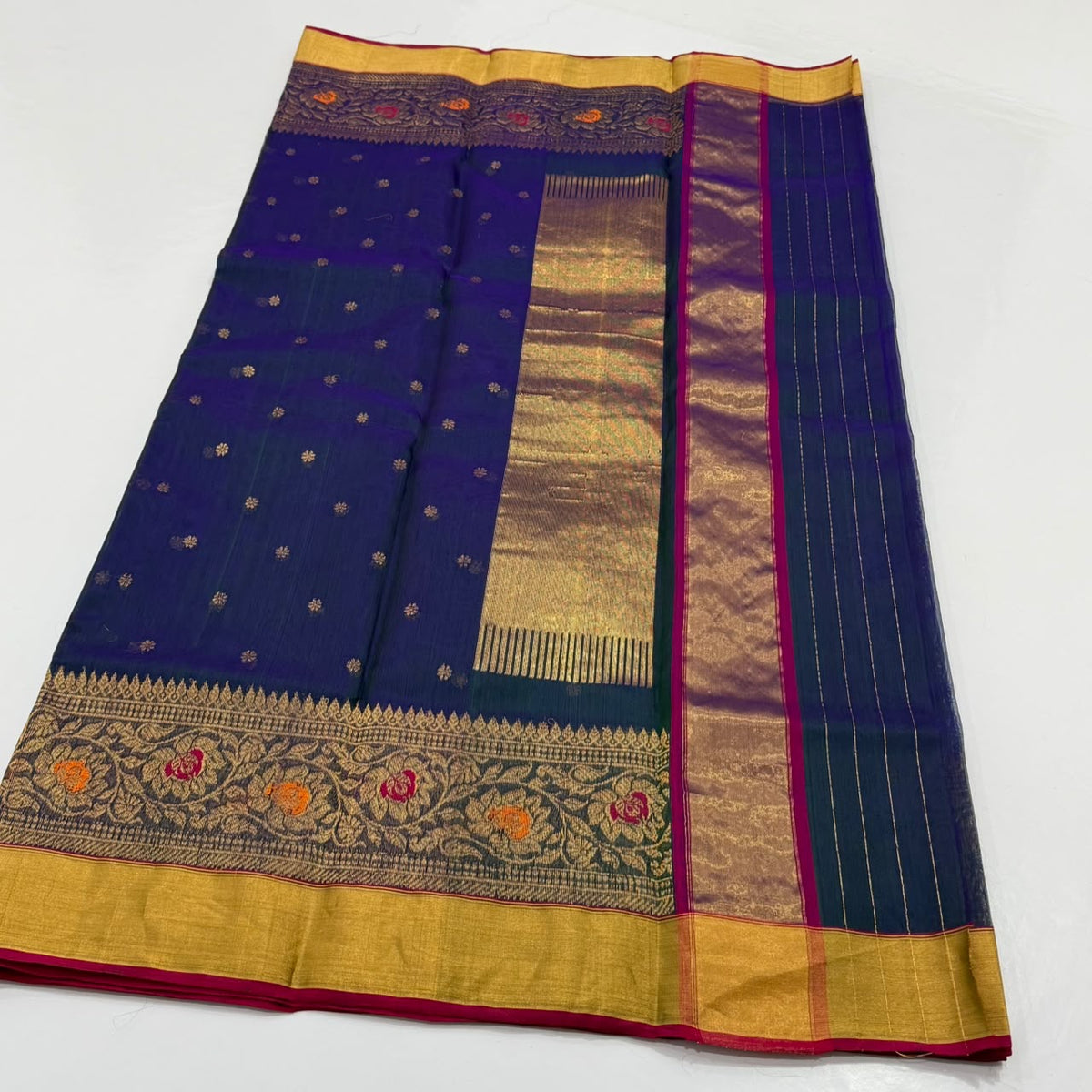 Deep blue Pure Silk Chanderi saree with gold floral border
