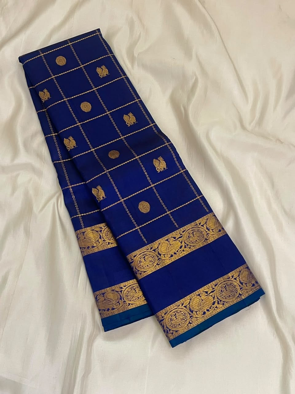 Deep Royal Blue Pure Silk Kanchipuram Zari Kattam saree with Annam and Chakram buttas