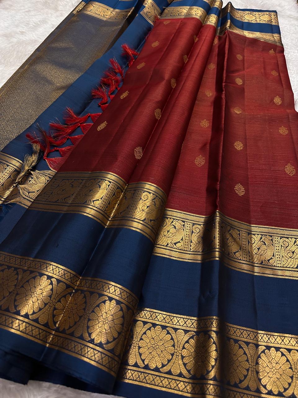 Deep Brick Red KanchiPattu silk saree, body weave texture close-up — Idam Living