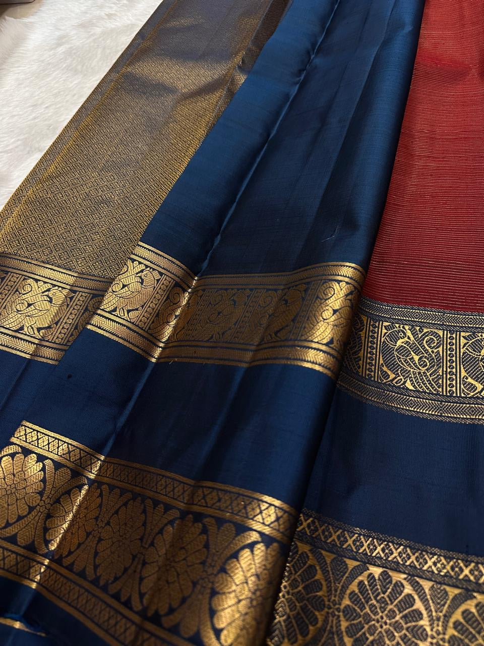 Deep Brick Red KanchiPattu silk saree, border close-up detail — Idam Living