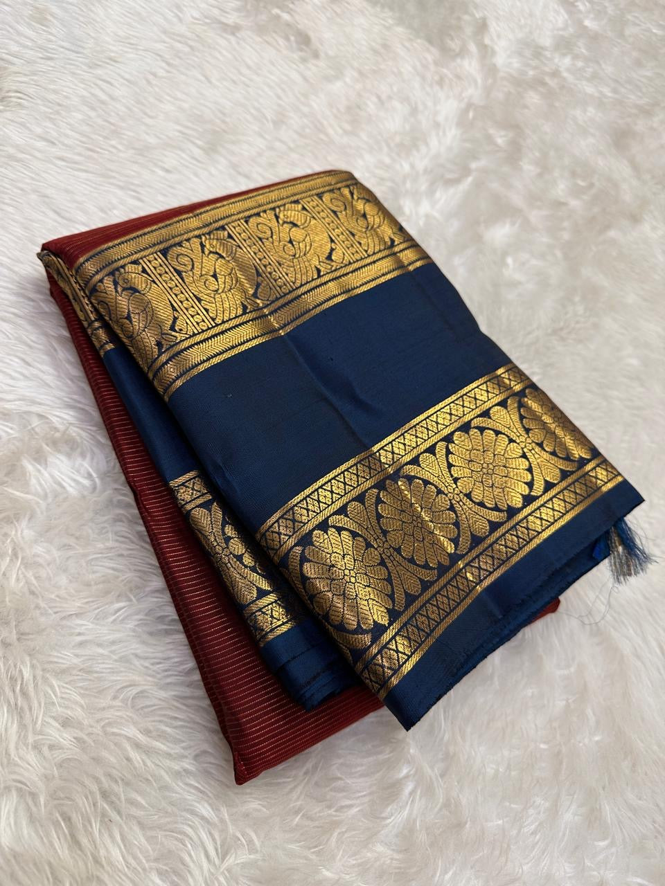 Deep Brick Red KanchiPattu silk saree — full front view, rettapet weave — Idam Living