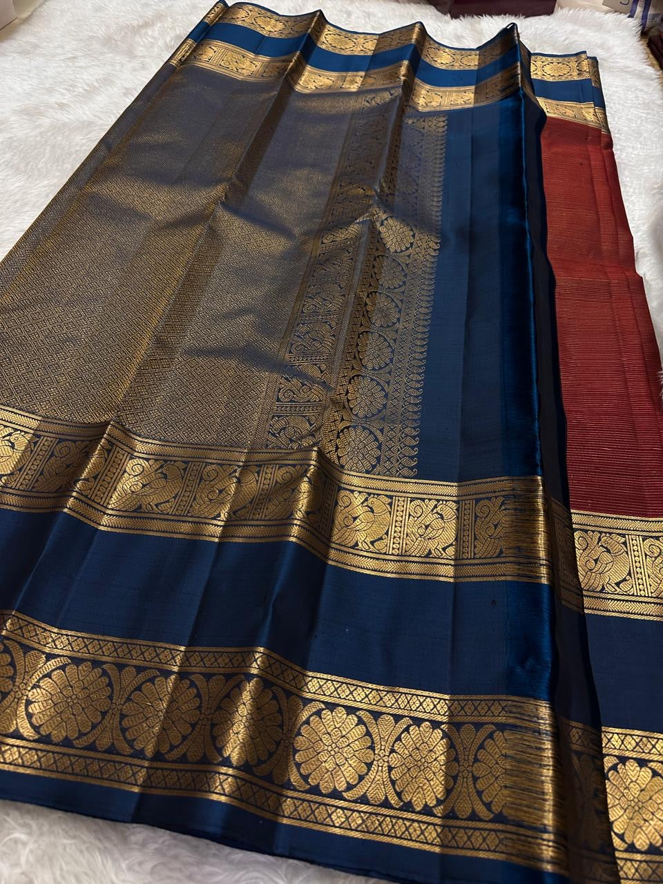 Deep Brick Red KanchiPattu silk saree, floral vine motif close-up — Idam Living