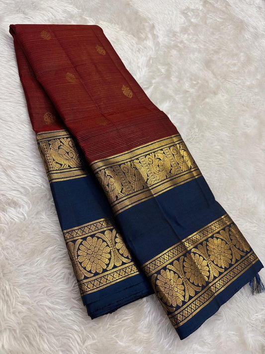 Deep Brick Red KanchiPattu silk saree draped, full length view — Idam Living
