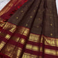 Deep Coffee Brown Pure Silk Kanchipuram Zari Kattam saree with rich Arakku Red Mayil gold zari border.