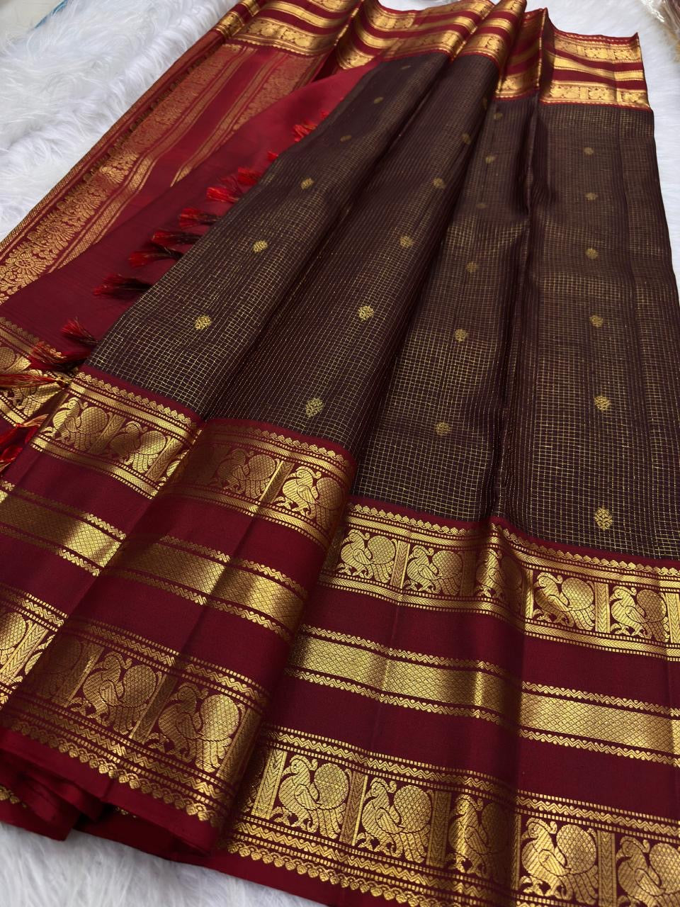 Deep Coffee Brown Pure Silk Kanchipuram Zari Kattam saree with rich Arakku Red Mayil gold zari border.