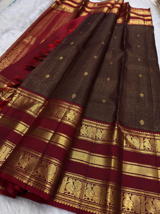 Deep Coffee Brown Pure Silk Kanchipuram Zari Kattam saree with rich Arakku Red Mayil gold zari border.