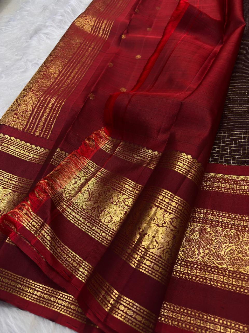 Arakku Red Kanchipuram pallu with dense gold zari floral ornament and detailed traditional woven registers.