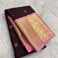 Dusty Rose Pink Korvai border with large gold Mayil motifs on Deep Aubergine Brown Kanchipuram silk.