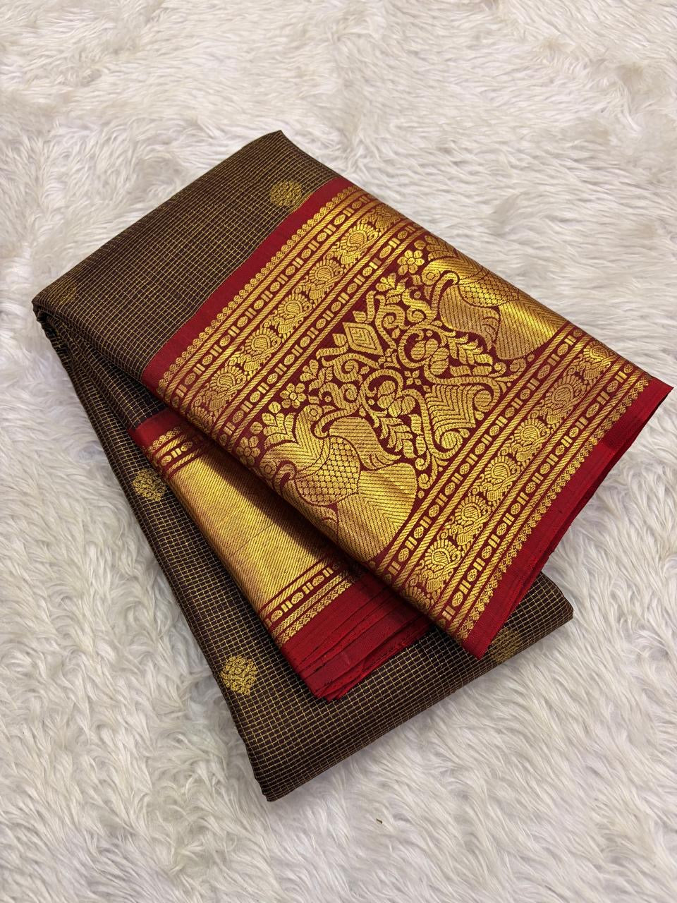 Deep brown Zari Kattam body with fine gold grid and small handwoven zari buttas
