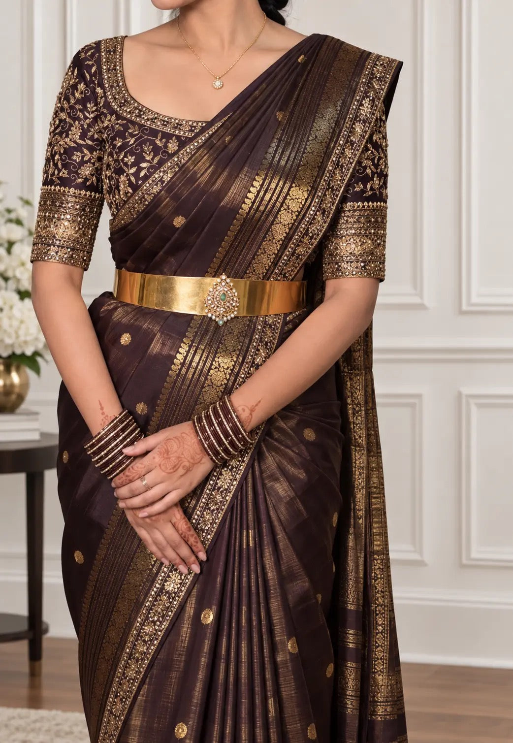 Deep Brown Kanchana lightweight Pure Silk Kanchipuram Vairaoosi saree