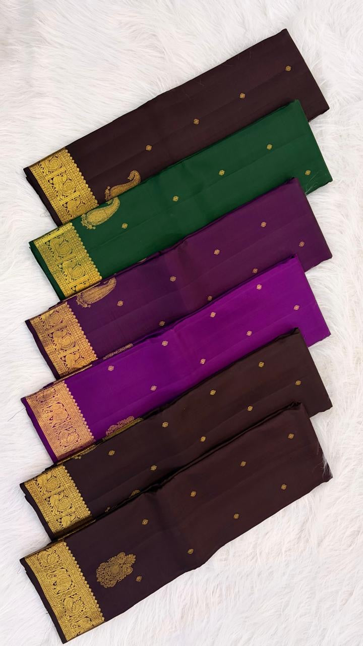 Self-colour pallu of deep chocolate brown Kanjipuram pure silk saree with cascading dense antique gold zari