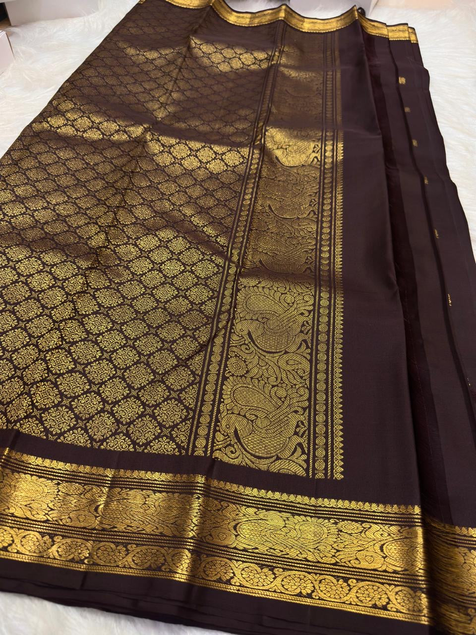 Deep Brown Kanchipuram Butta saree with Kodi-Valli antique-gold zari border