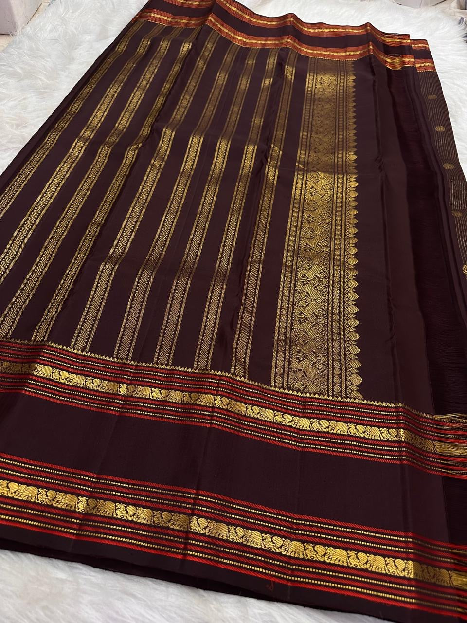 Deep brown KanchiPattu Rettapet pure silk saree