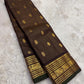 Deep brown handwoven Kanjivaram saree with antique gold zari border