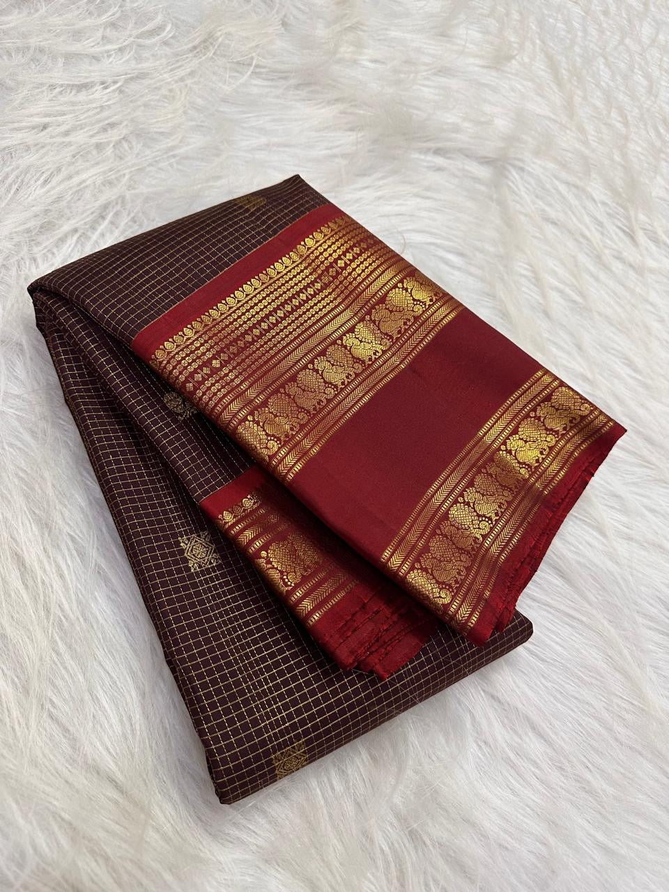 Deep Espresso Brown Handwoven Pure Silk Kanjivaram Saree with Zari Kattam and Burgundy Gold Zari Border