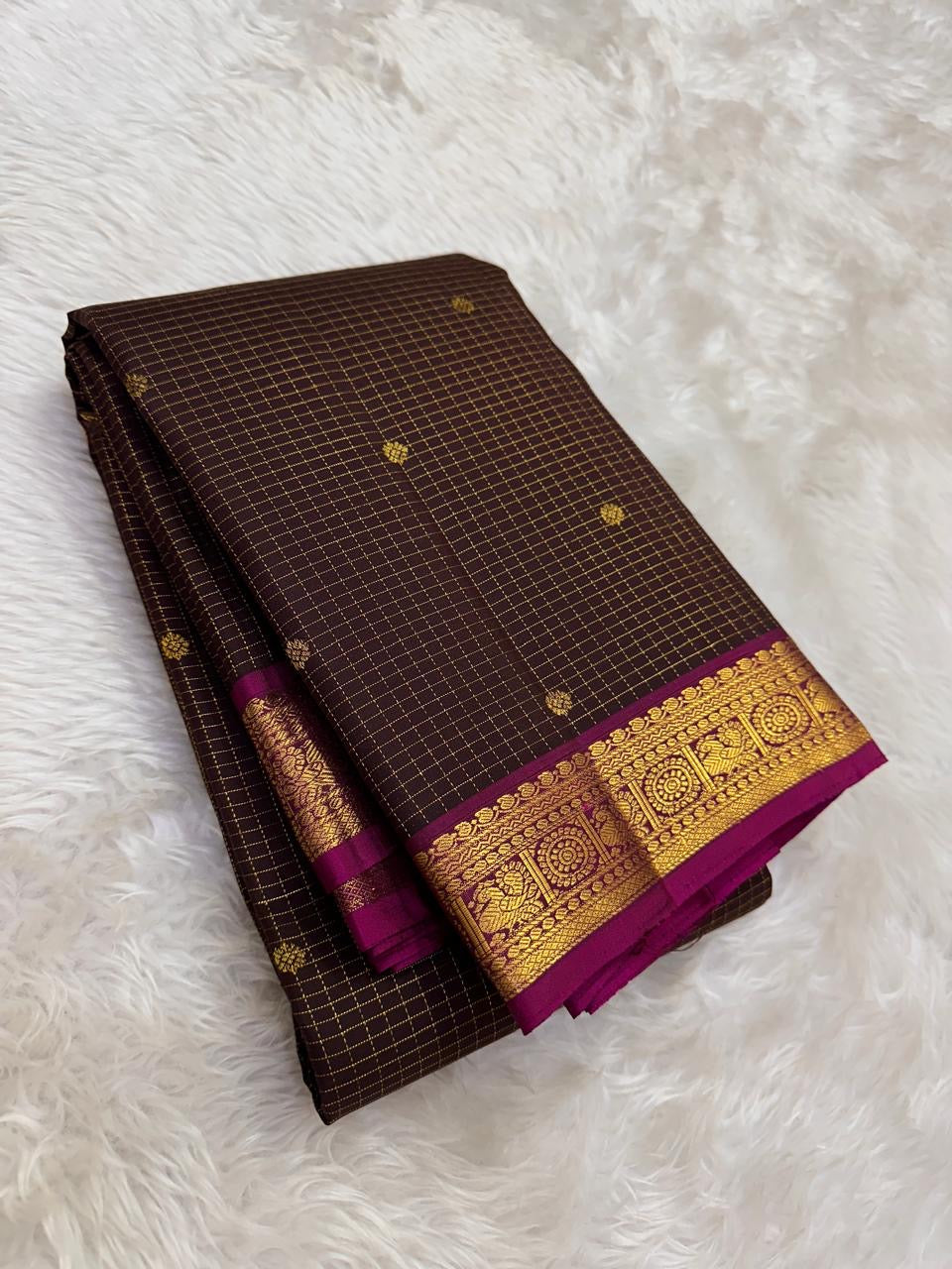 Deep Brown Kanjivaram silk saree with fine gold zari checks and Poo Buttas