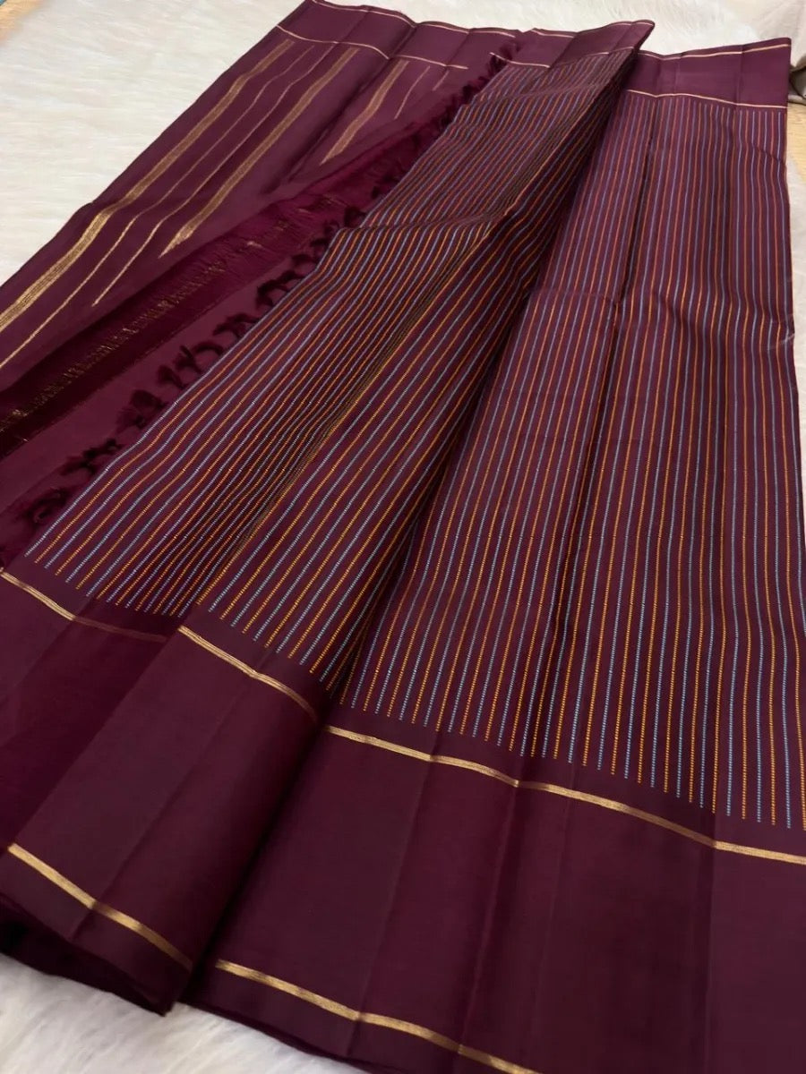 Deep Brown Kanjivaram pure silk Rettapet saree draped view