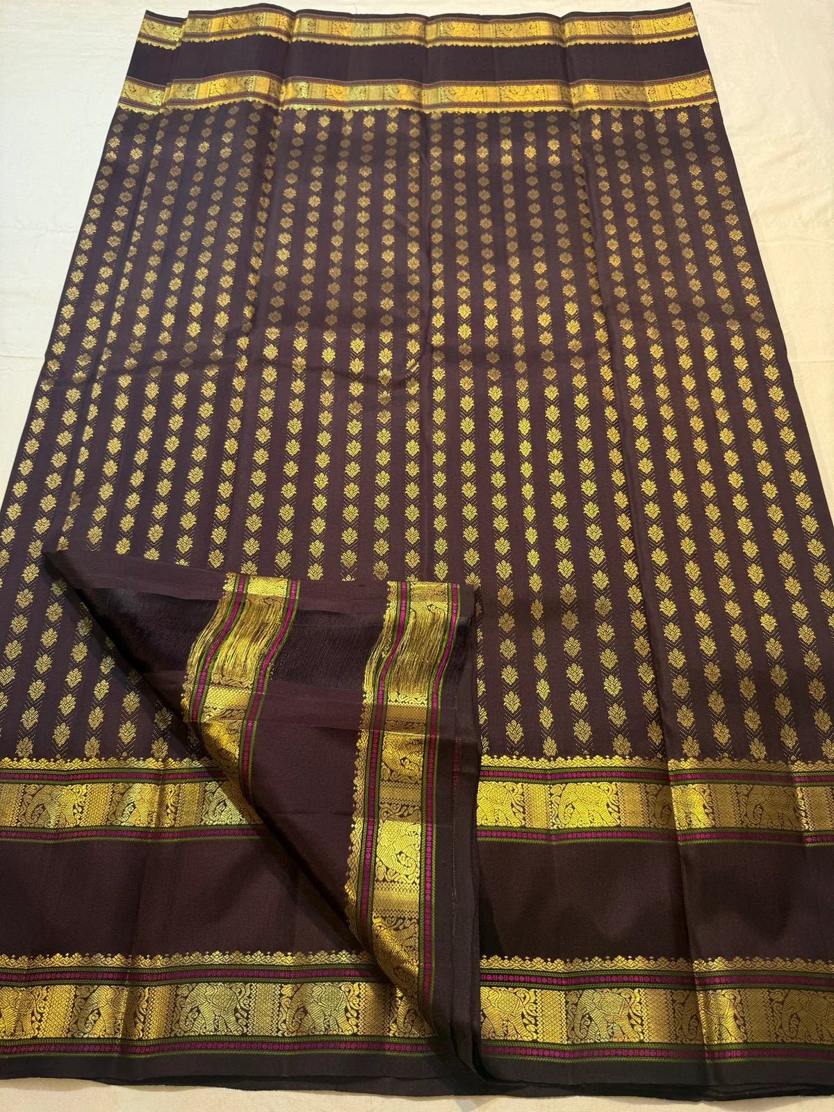 Deep Cocoa Brown Handwoven Pure Silk Kanjipuram Rettapet Saree with Surya Kamalam Gold Zari Buttas