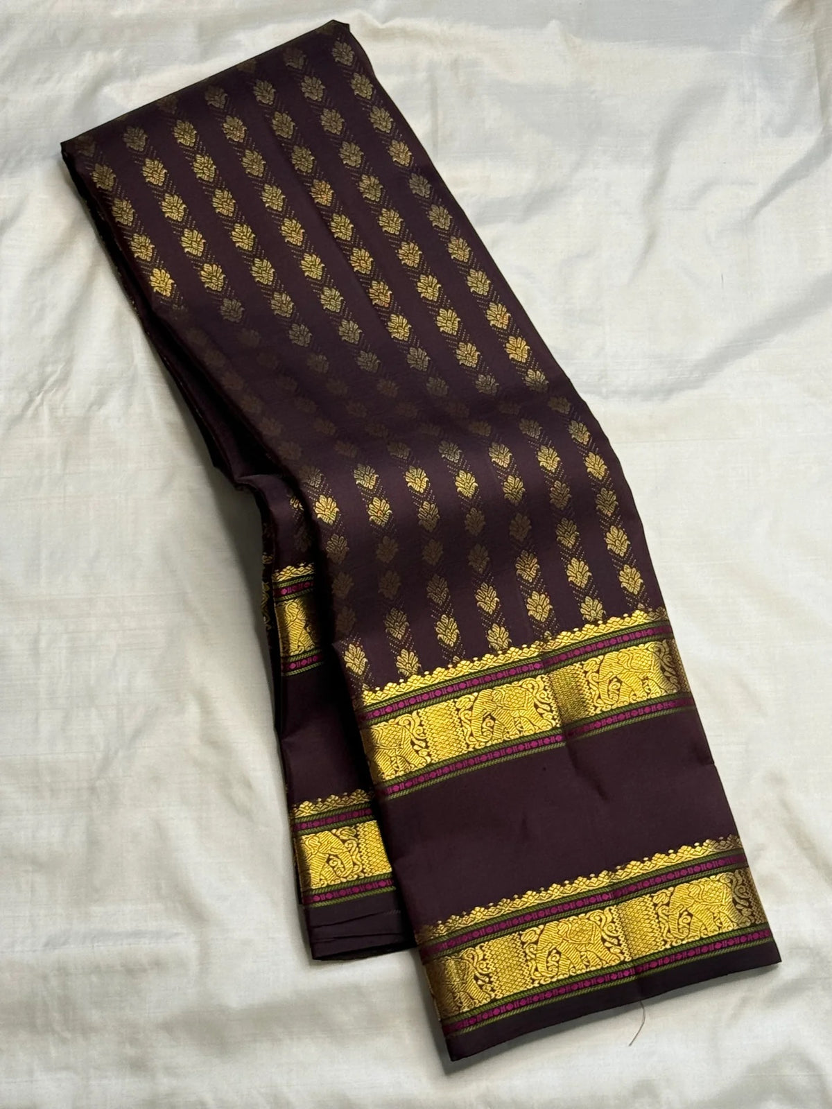 Deep Cocoa Brown Handwoven Pure Silk Kanjipuram Rettapet Saree with Surya Kamalam Gold Zari Buttas