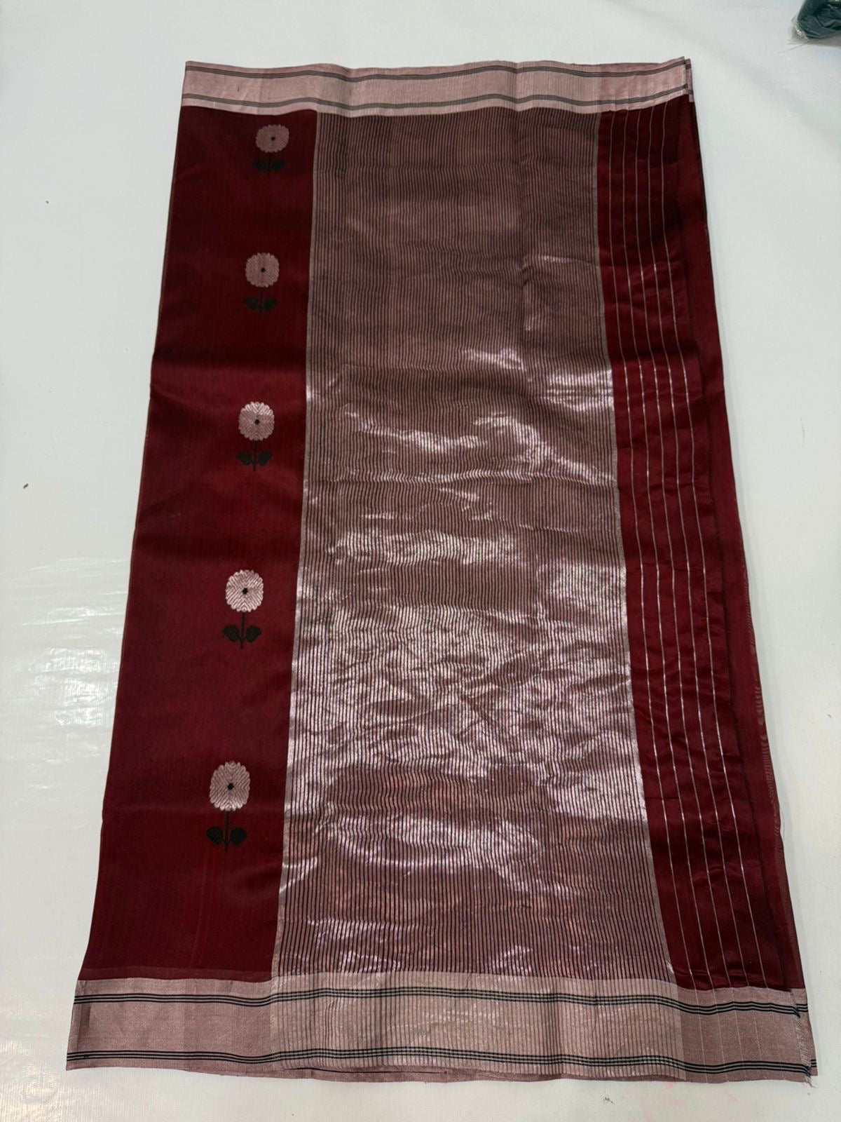 Pallu detail of Deep Burgundy Pure Silk Chanderi Saree