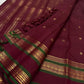 Deep Burgundy Red Handwoven Pure Silk Kanjivaram Rettapet Saree with Forest Green Border and Gold Zari Buttas