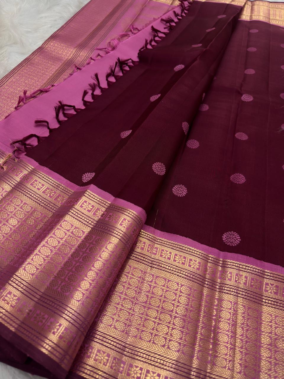 Deep Burgundy-Maroon Pure Silk Kanchipuram Butta saree with Magenta Pink zari border