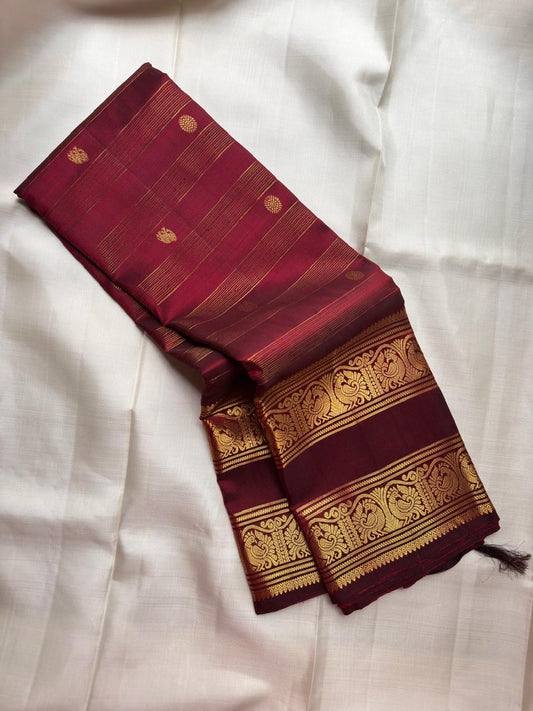 Deep Burgundy Handwoven Pure Silk Kancheepuram Saree with Rettapet and Peacock Border