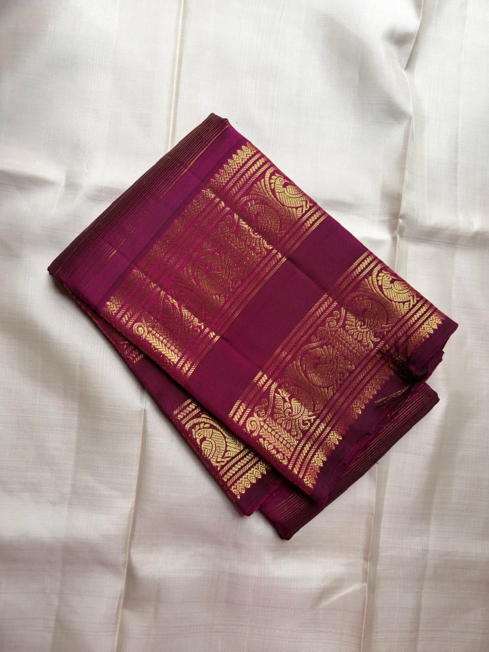 Deep Burgundy Handwoven Pure Silk Kancheepuram Saree with Rettapet and Peacock Border