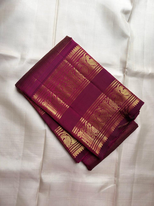 Deep Burgundy Handwoven Pure Silk Kancheepuram Saree with Rettapet and Peacock Border