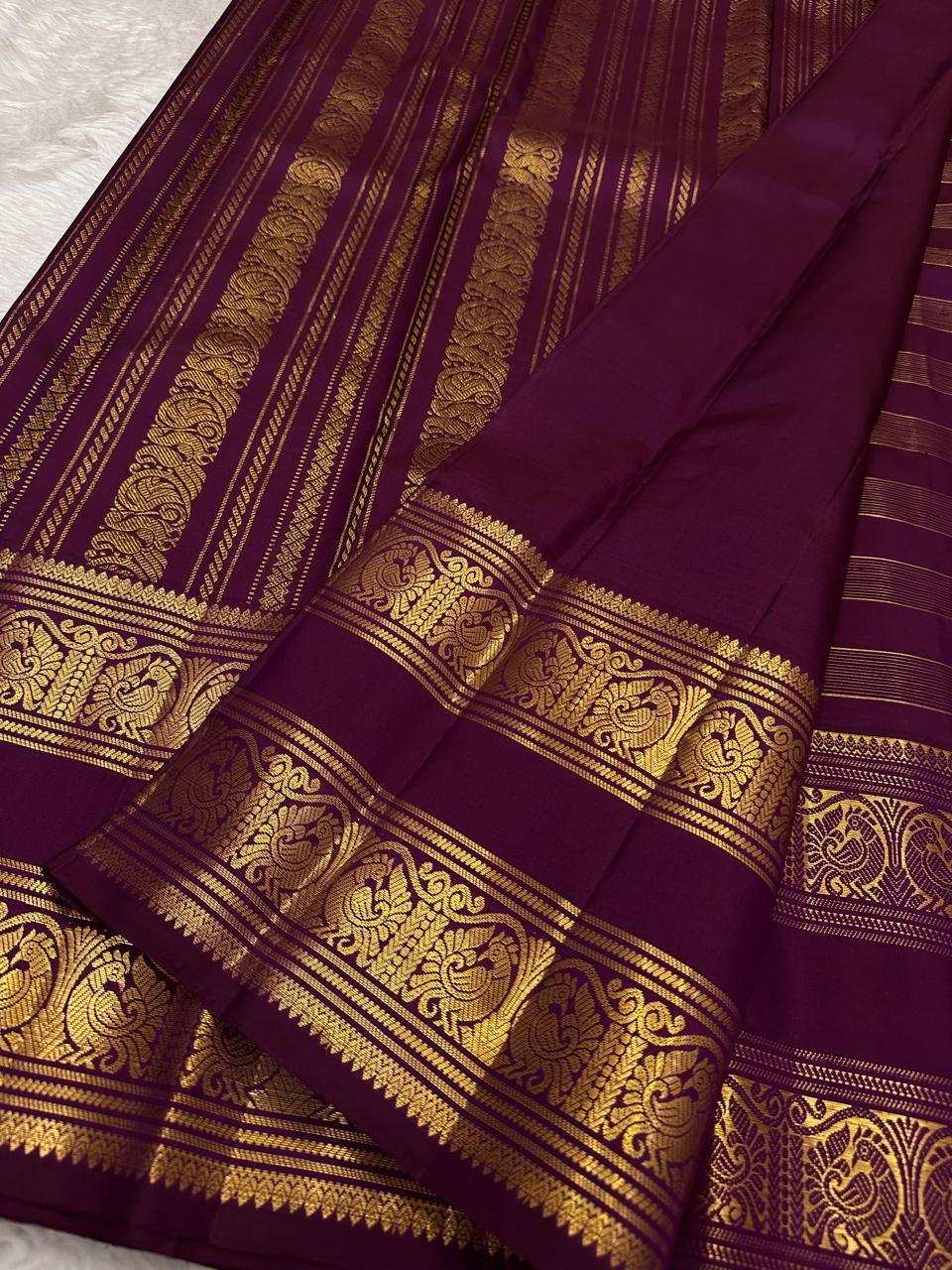 Deep Burgundy Handwoven Pure Silk Kancheepuram Saree with Rettapet and Peacock Border