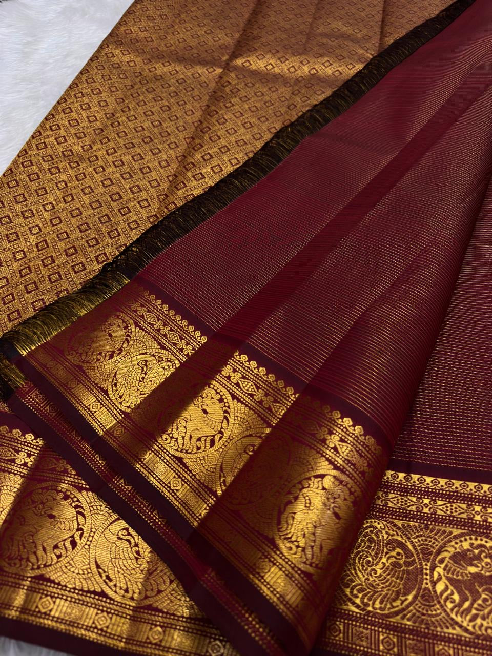 Deep Burgundy pure silk Kancheepuram saree — vairaoosi, full drape
