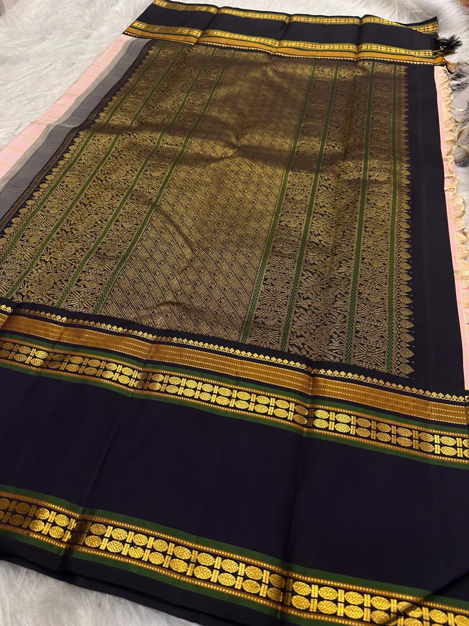 Pure Silk Kanchipuram Rettapet saree with broad dark contrast border