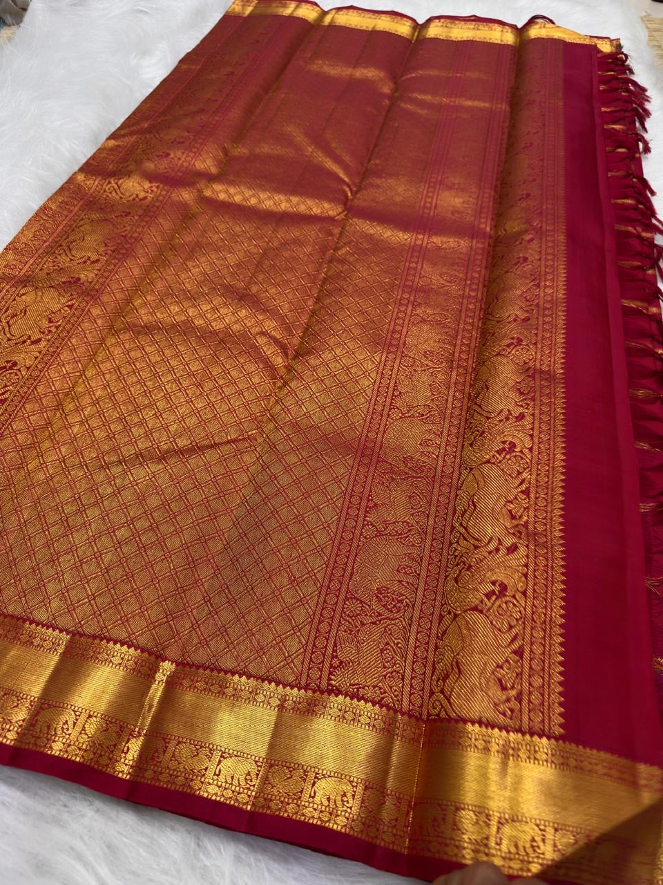 Deep Cherry Red Pure Silk Kanchipuram saree with rich classic-gold zari.